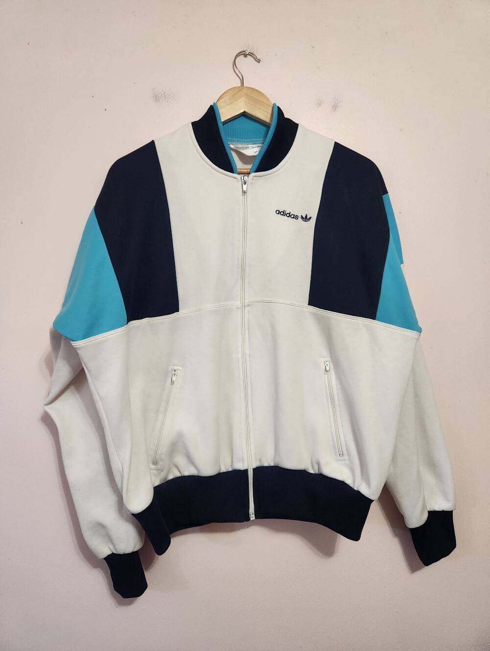 Vintage 80s Adidas Colorblock Track Jacket Navy Teal Trefoil Bomber Zip Up
